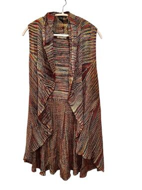 Multicolor Open Front Long Knit Sweater Vest Ruffles Boho Fairycore Sz L